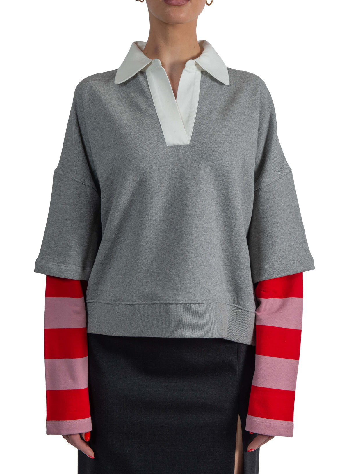 Felpa in cotone a strati grigio chiaro con maniche a righe- KANTELOU KANTELOU COMBO 2 ESSENTIEL ANTWERP