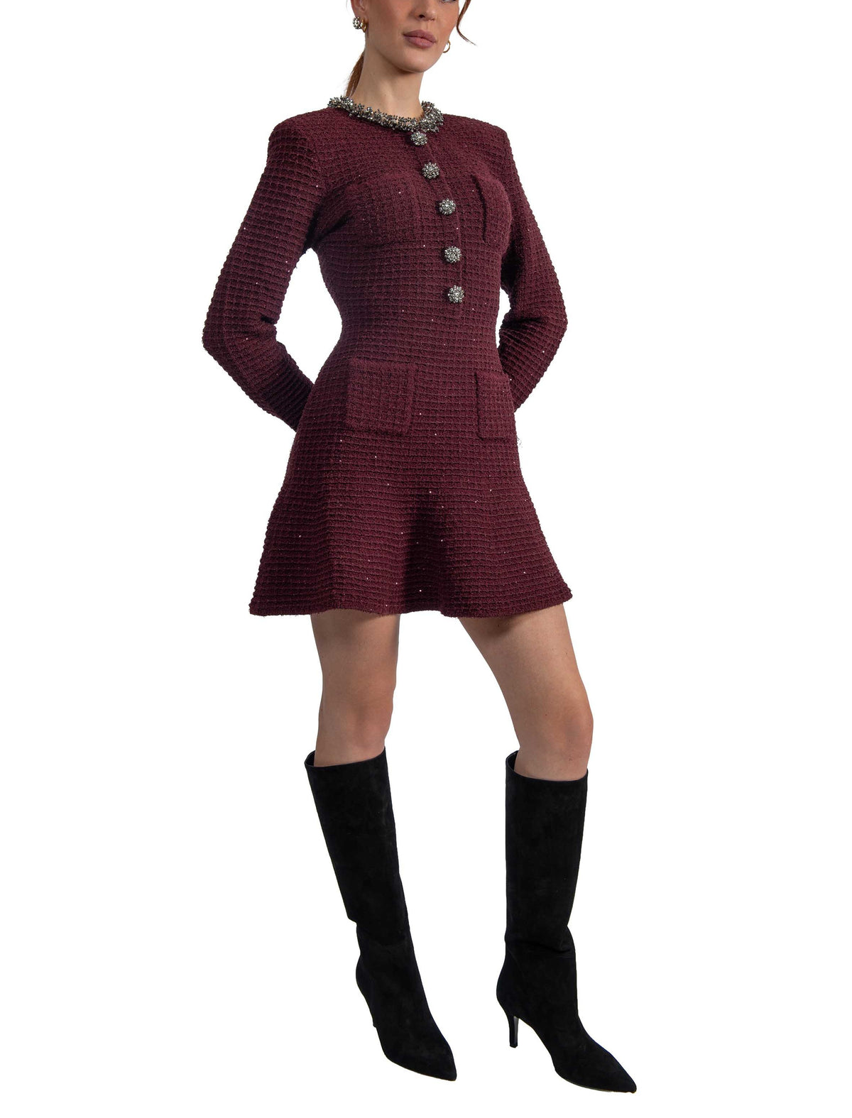 Mini abito bordeaux in maglia testurizzata con decorazioni 152S BURGUNDY SELF PORTRAIT