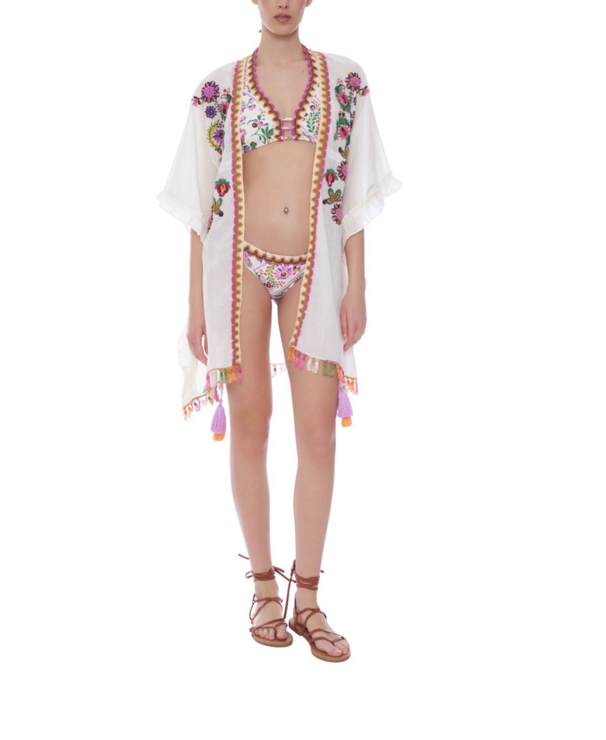Poncho folk con ricami e nappine V6025 BIANCO MIss bikini