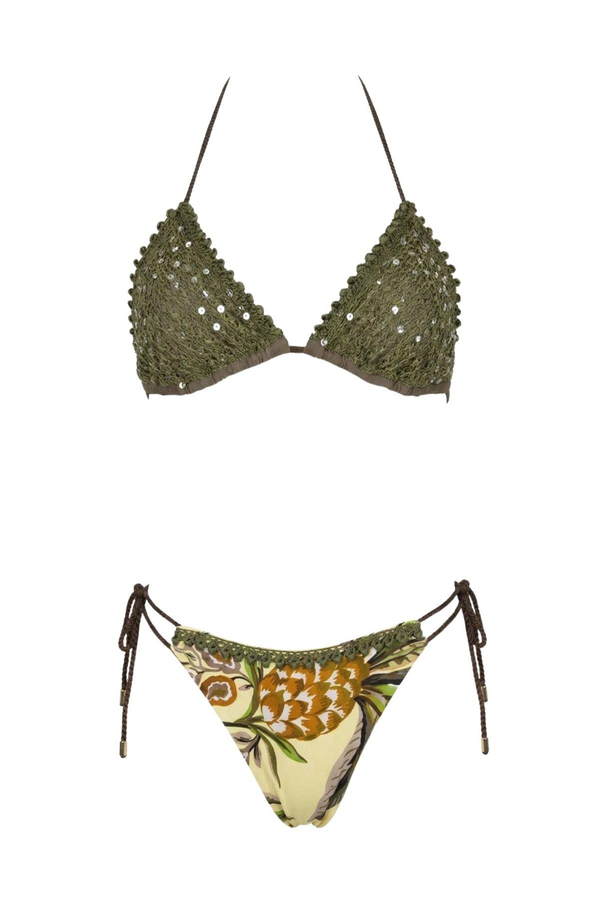 Bikini triangolo a rete con paillettes e slip brasiliana V6023S GIALLO MIss bikini
