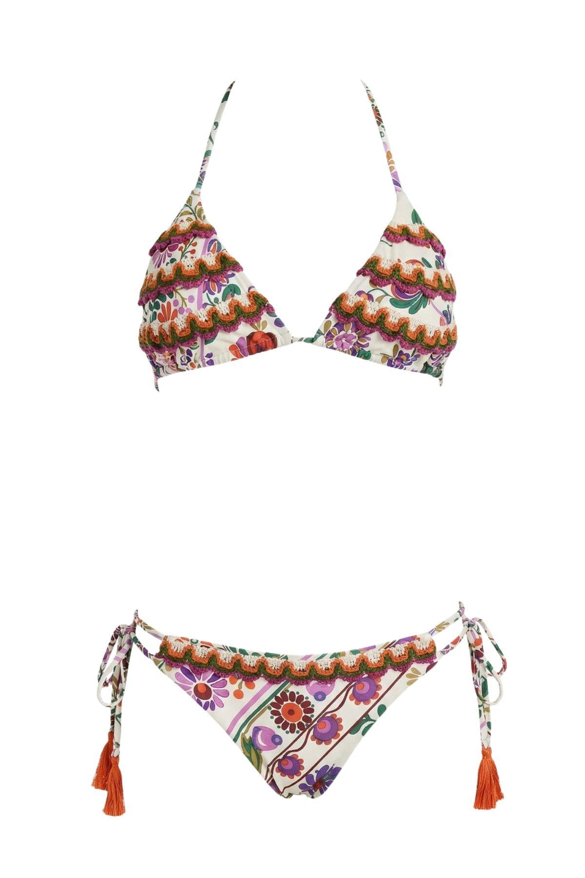 Bikini triangolo floreale effetto uncinetto con brasiliana V6060S BIANCO MIss bikini