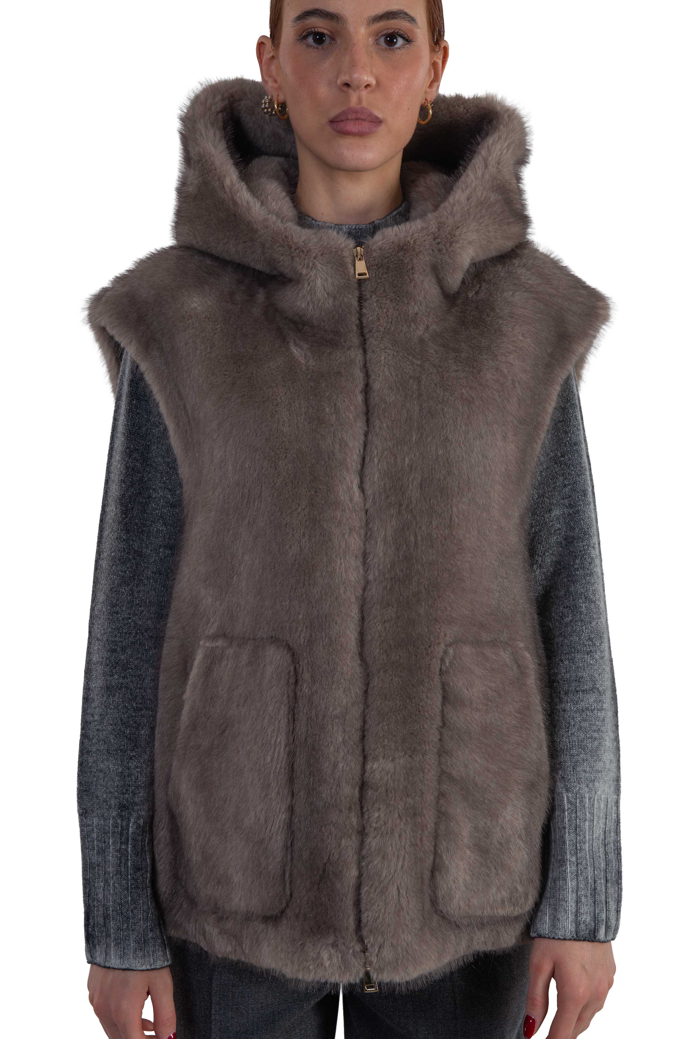 Gilet in pelliccia ecologica tortora 7364 TAUPE Bully 