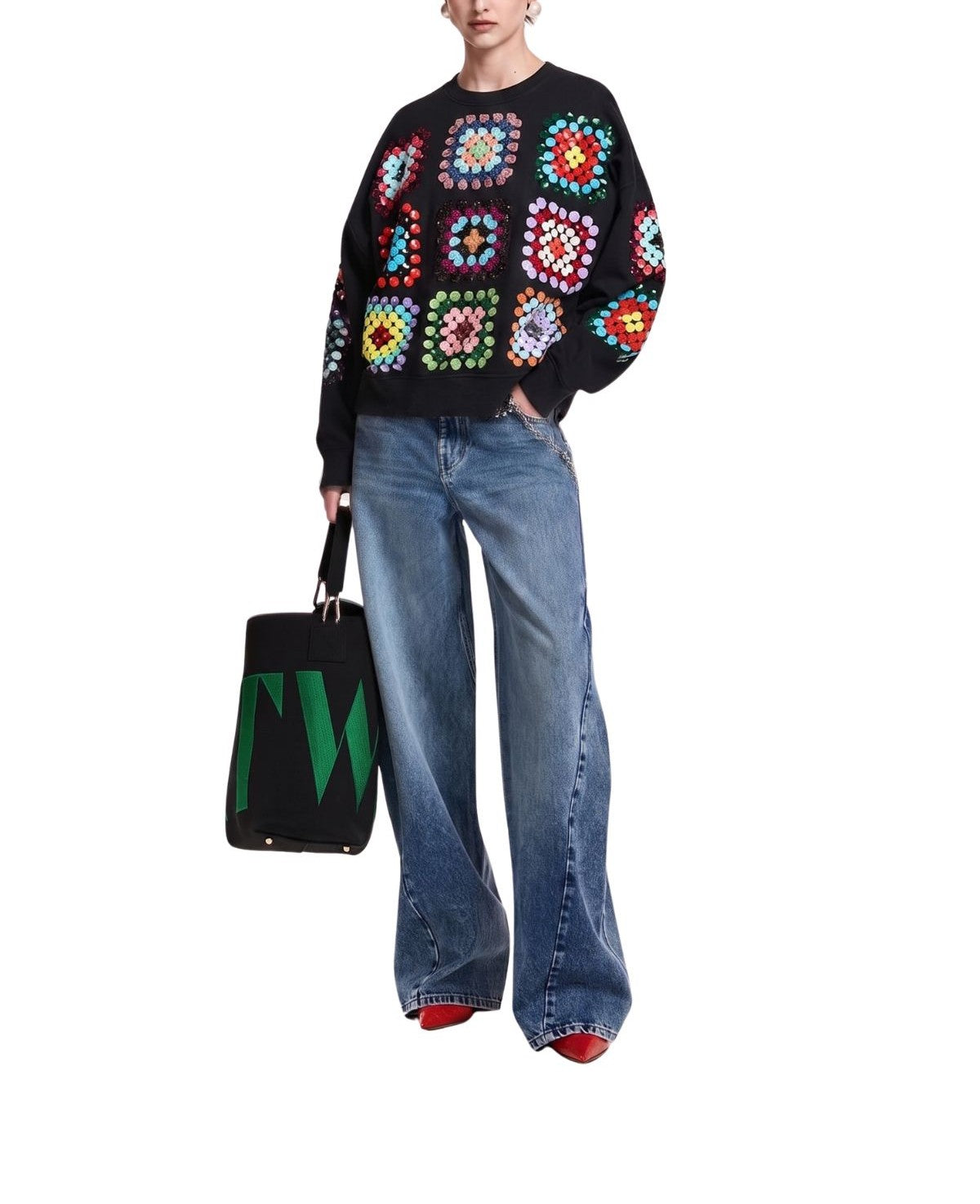 Felpa nera e multicolore con decorazioni a fiori geometriche- KARNAVAL KANAVAL COMBO 1 ESSENTIEL ANTWERP 