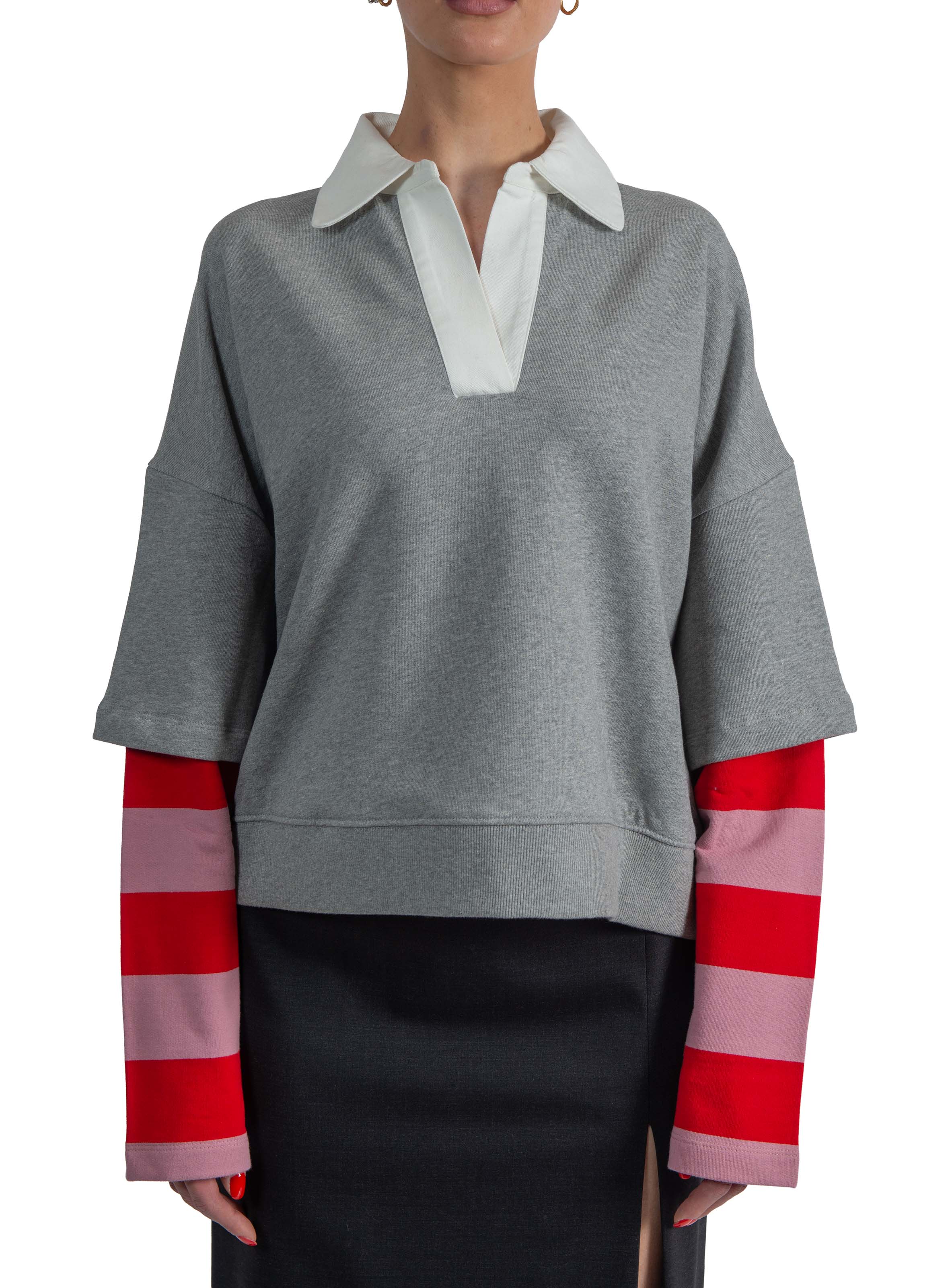 Felpa in cotone a strati grigio chiaro con maniche a righe- KANTELOU KANTELOU COMBO 2 ESSENTIEL ANTWERP 