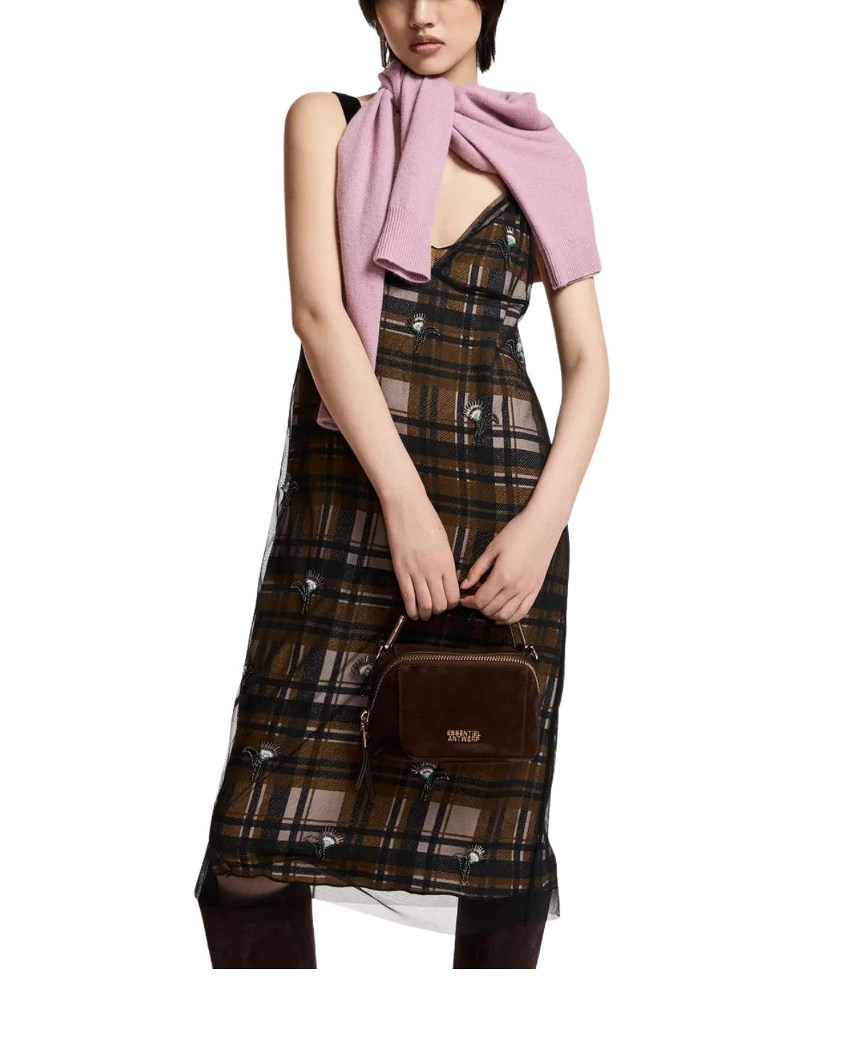 Abito Kassandra, sottoveste in rete marrone, nero ed ecru. KASSANDRA BLACK ESSENTIEL ANTWERP 