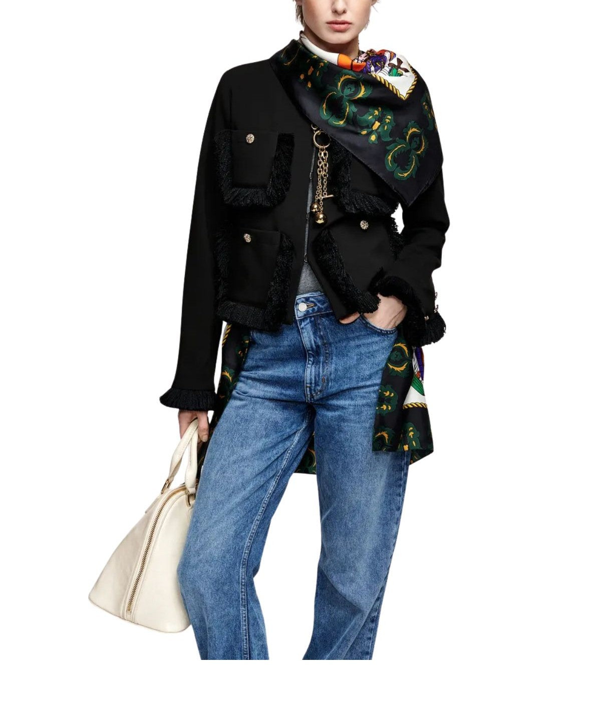 Giacca nera aderente con frange e tasche applicate KINETIC BLACK ESSENTIEL ANTWERP 