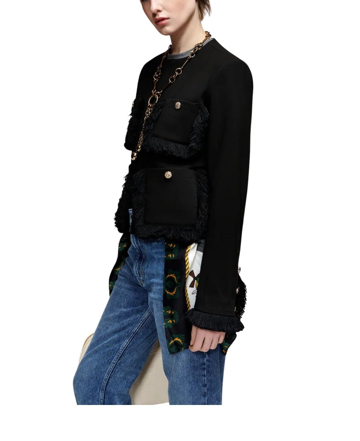 Giacca nera aderente con frange e tasche applicate KINETIC BLACK ESSENTIEL ANTWERP 