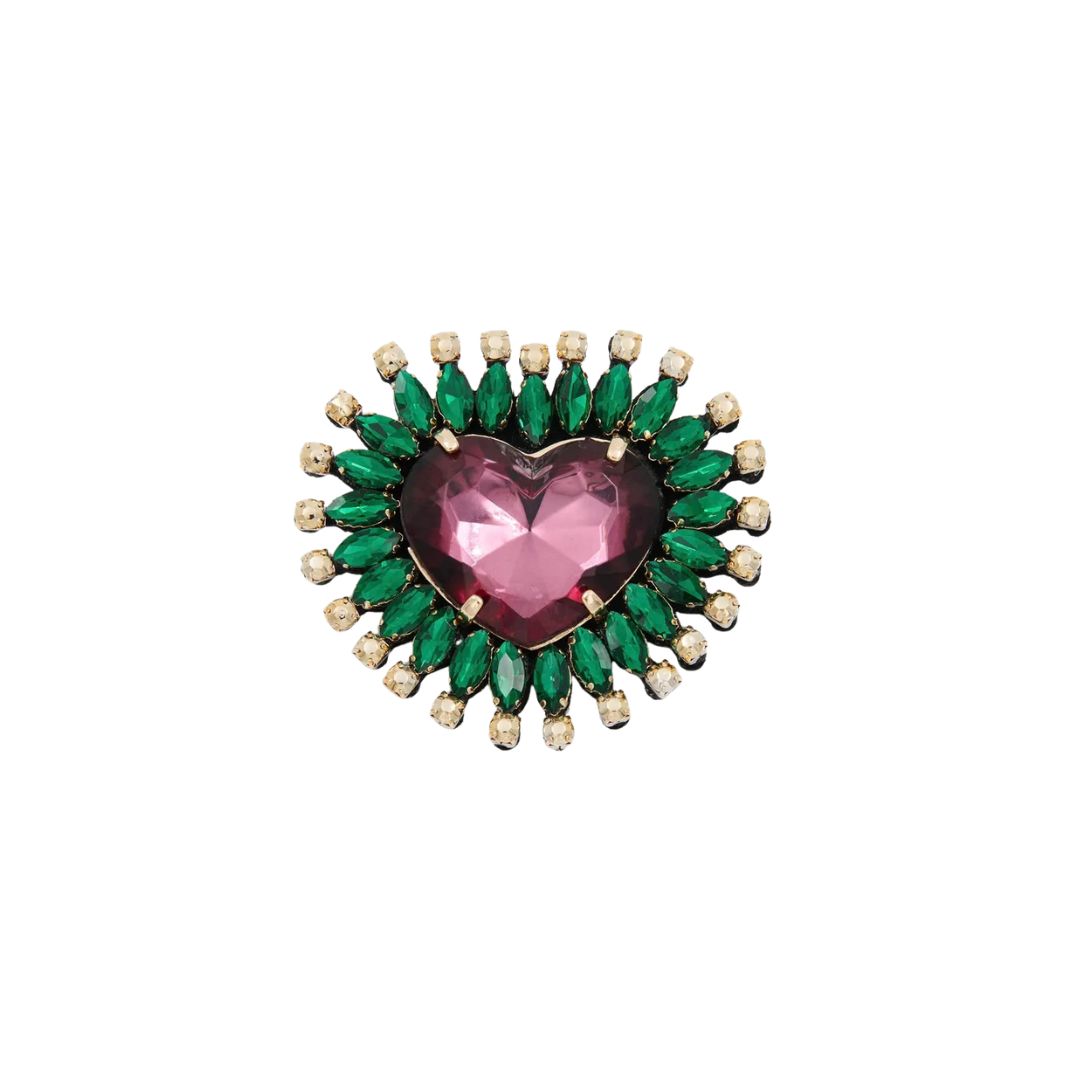 Spilla a forma di cuore con strass verdi e rosa KOKEUR VERDE ESSENTIEL ANTWERP 