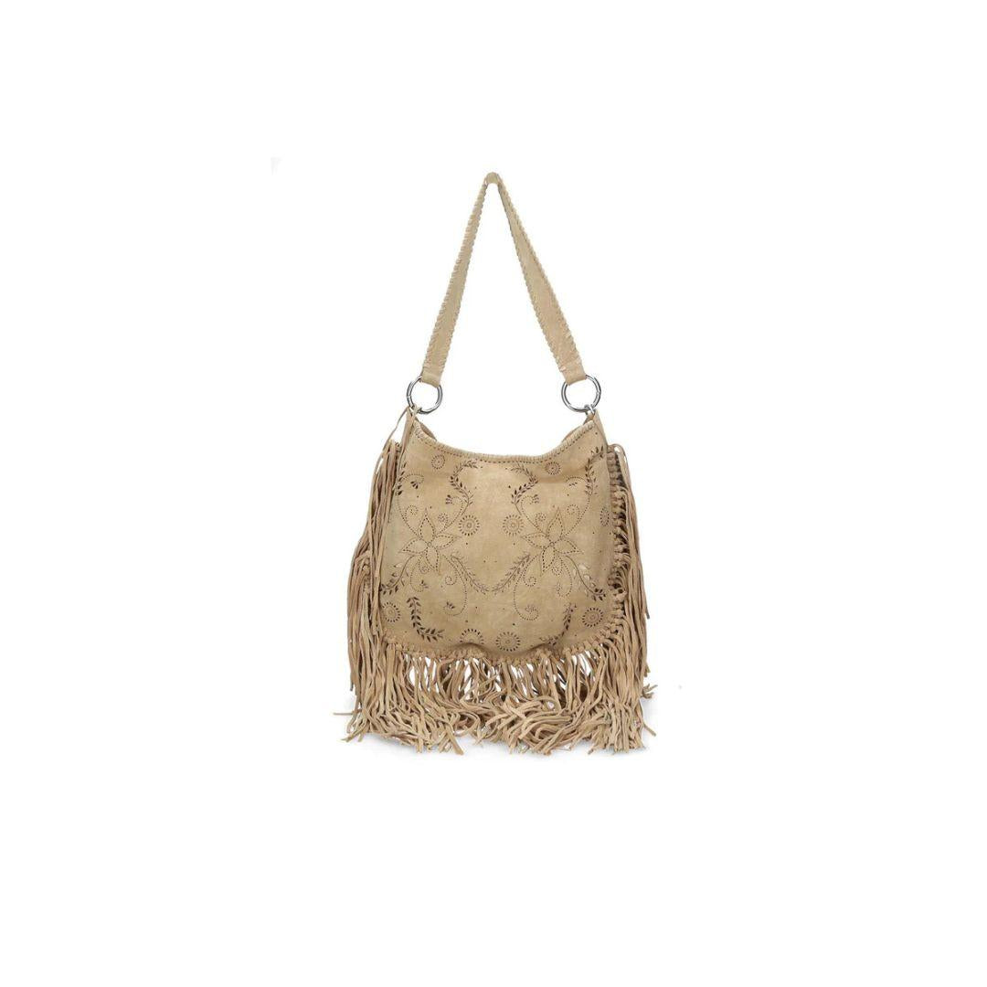 Borsa Hobo con frange traforata color sabbia BAG 39 BEIGE ELENA IACHI 