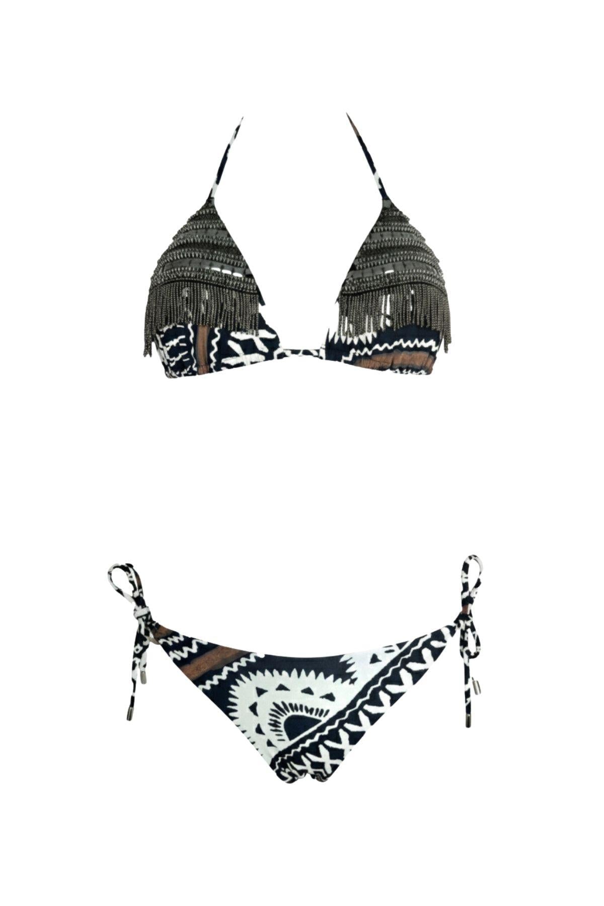Bikini etnico a triangolo con frange e brasiliana V6106T+V6107T NERO MIss bikini 