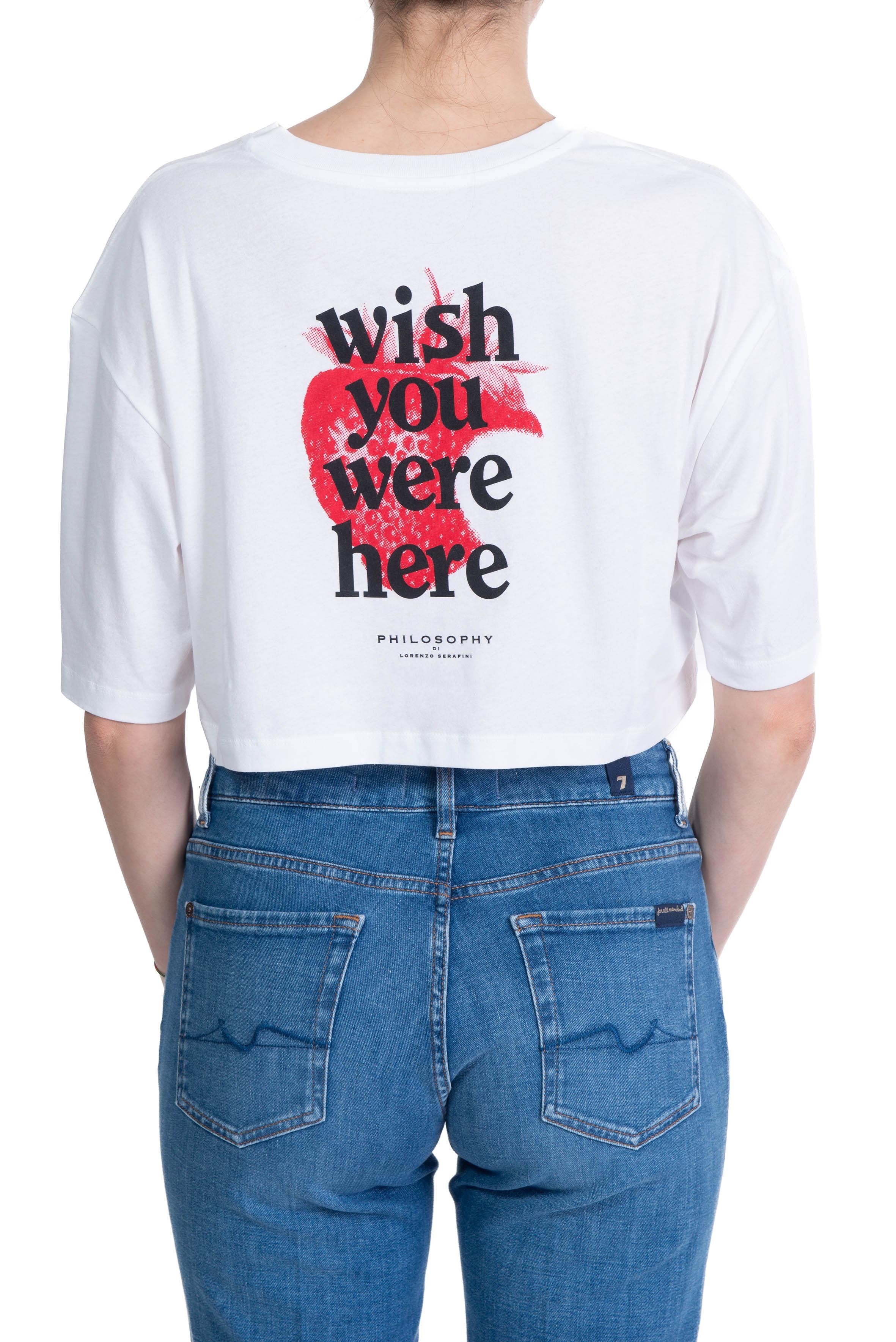 t-shirt crop in jersey organico riciclato bianca con stampa rossa 0703 0744 2001 fantasia bianco PHILOSOPHY 