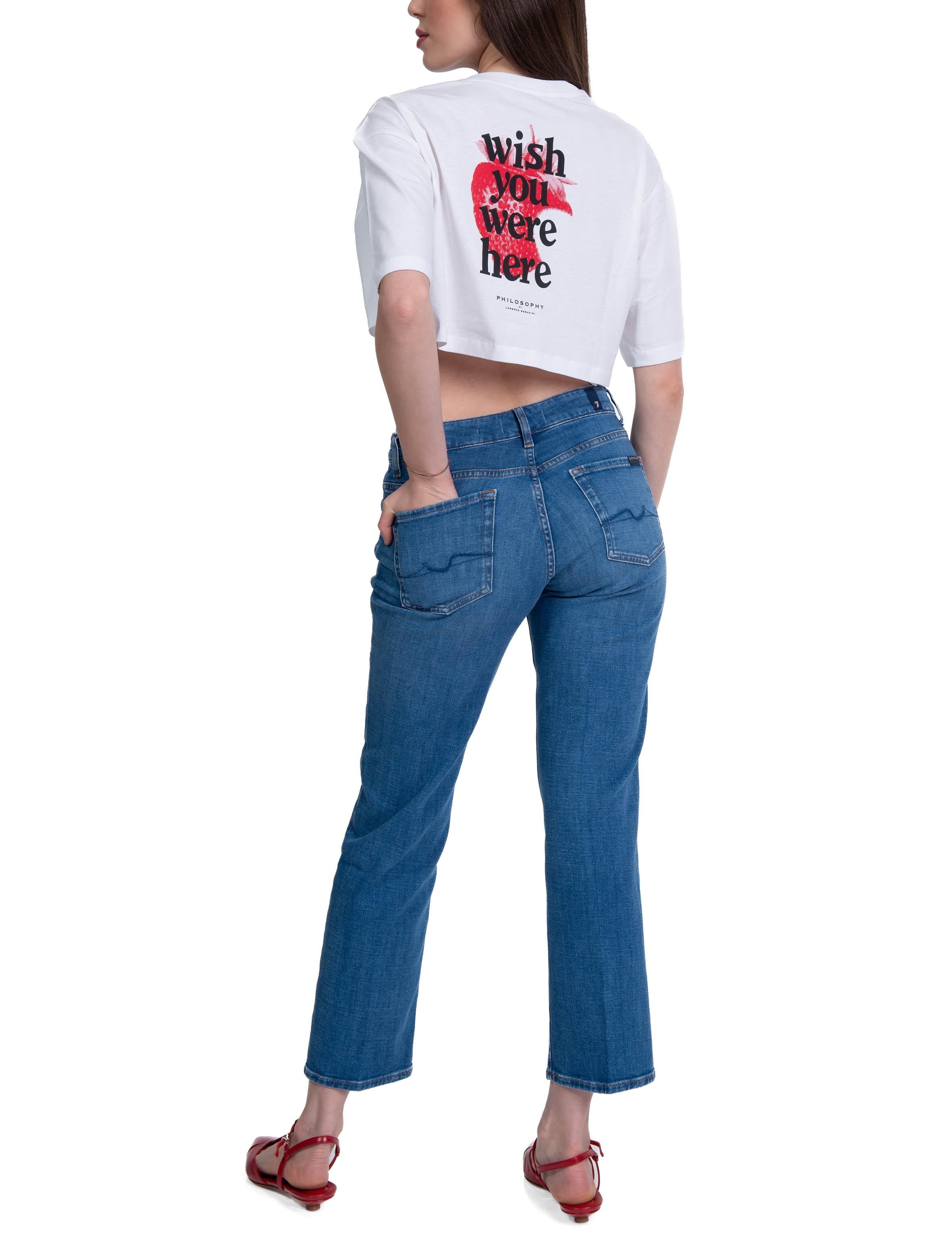 t-shirt crop in jersey organico riciclato bianca con stampa rossa 0703 0744 2001 fantasia bianco PHILOSOPHY 
