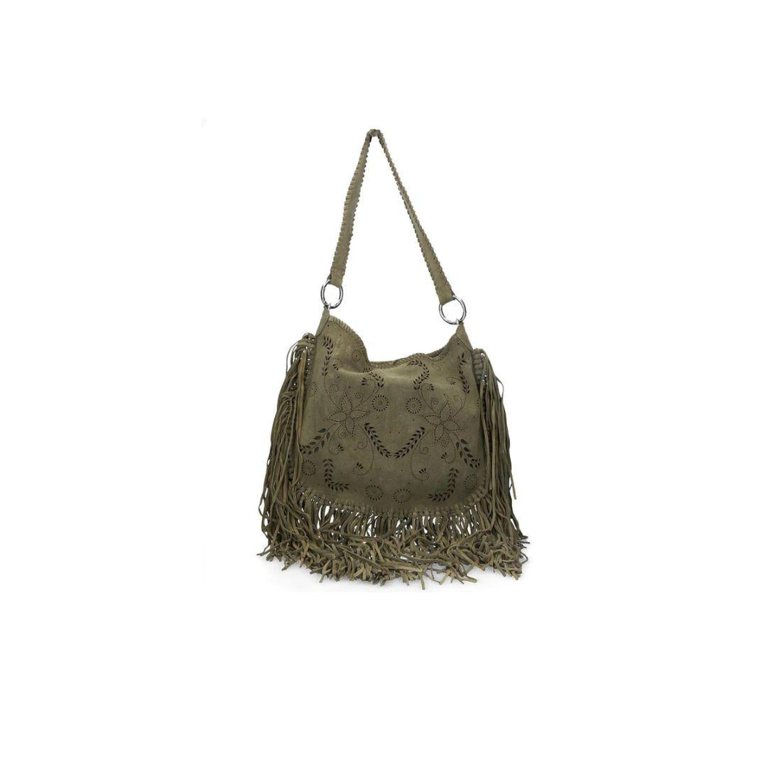 Borsa hobo con frange traforata verde oliva BAG 39 OLIVE ELENA IACHI 