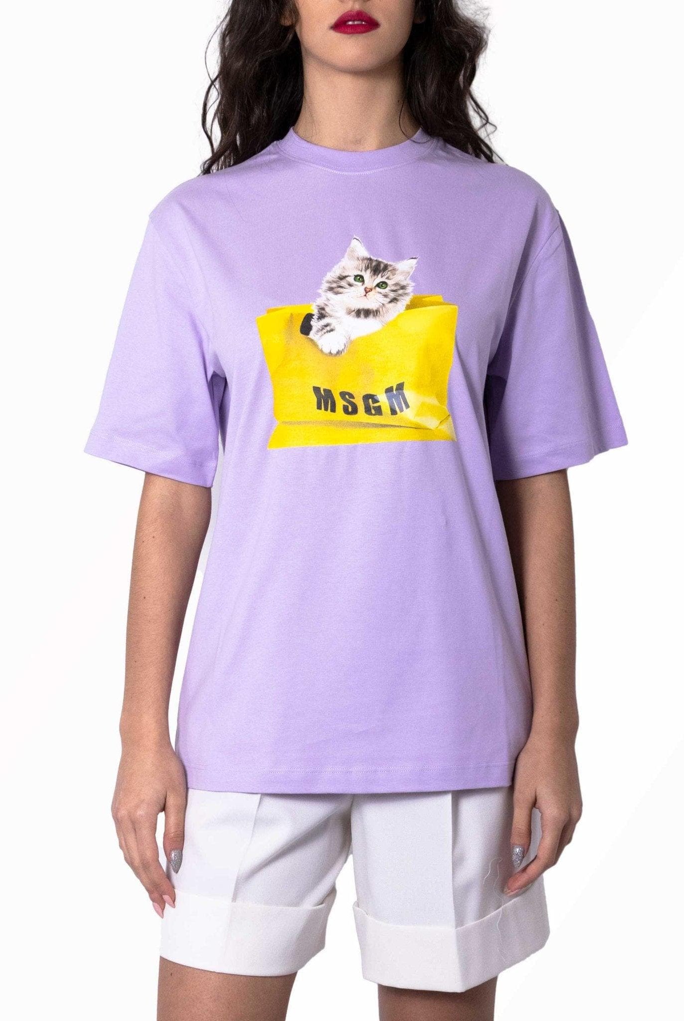 T-shirt lilla con stampa gatto- MSGM -Giorgioquinto