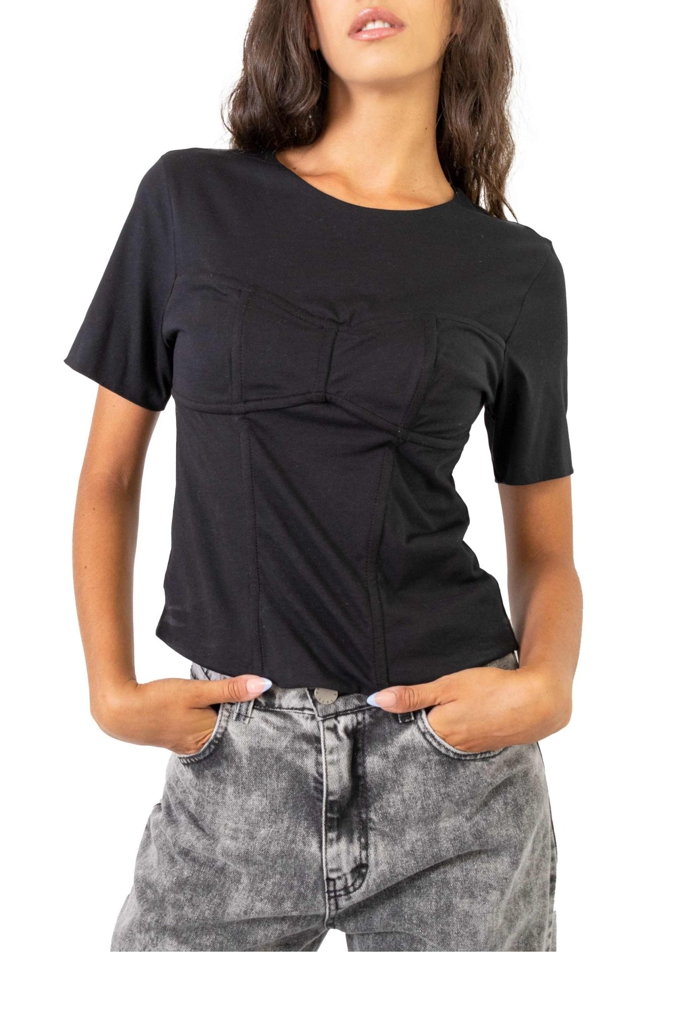 T-shirt nera con dettaglio corsetto- Federica Tosi -Giorgioquinto